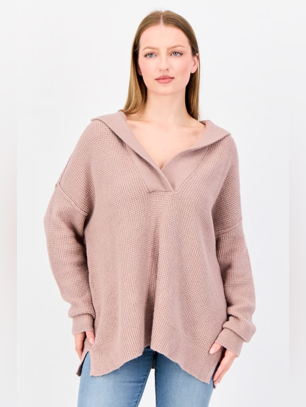 Aerie mauve waffle knit hooded v-neck sweater size medium oversized